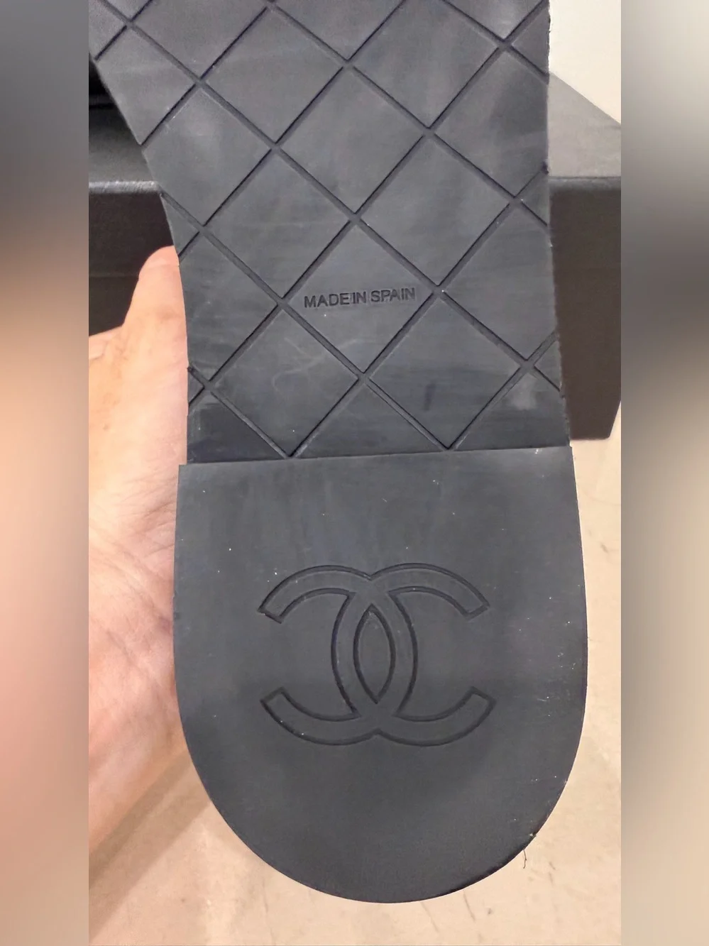 CHANEL Loafers in Black Leather w/ Gold Chain accents; Size 36